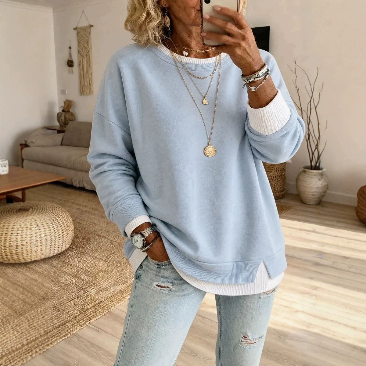 Oversized Layered Crewneck Sweatshirt Side Slit Ribbed