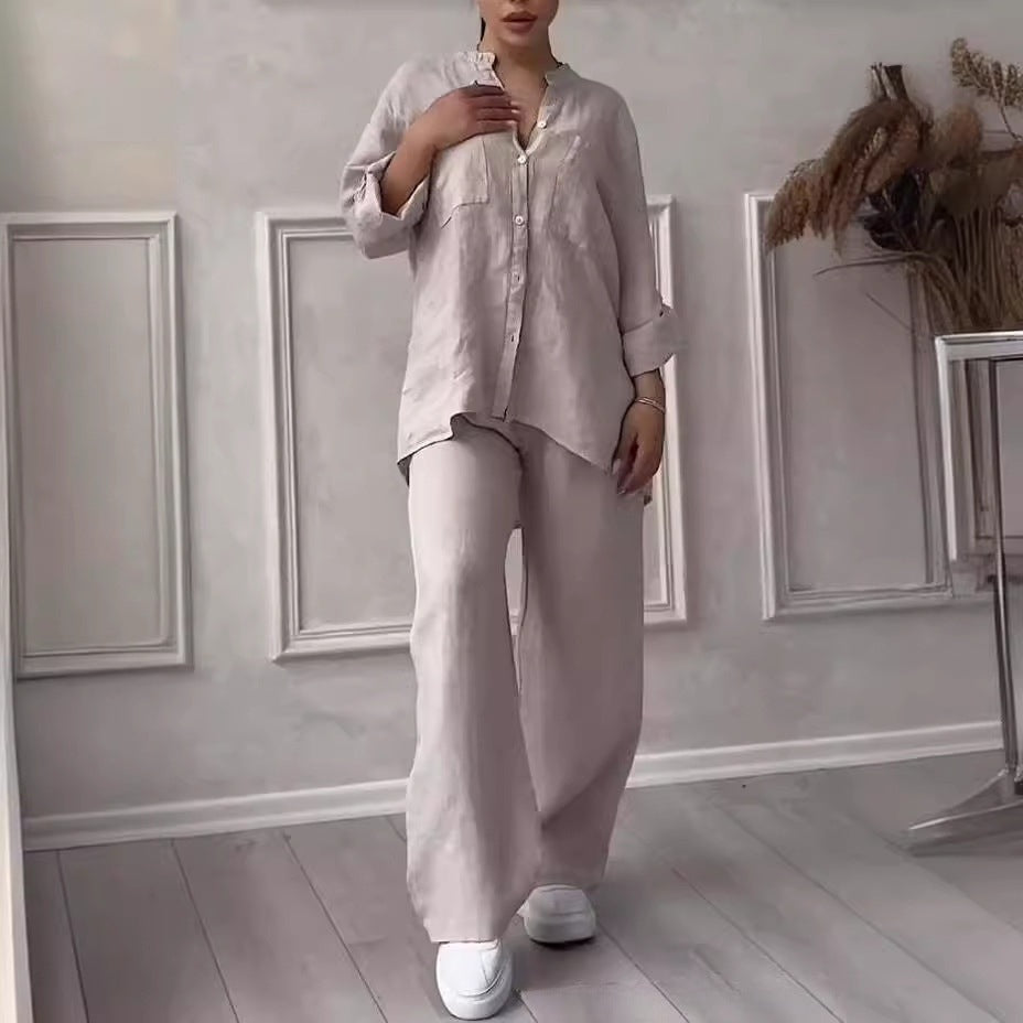 Cotton Linen 2 Piece Set Wide Leg Pants Button Shirt