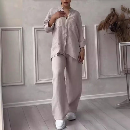 Cotton Linen 2 Piece Set Wide Leg Pants Button Shirt