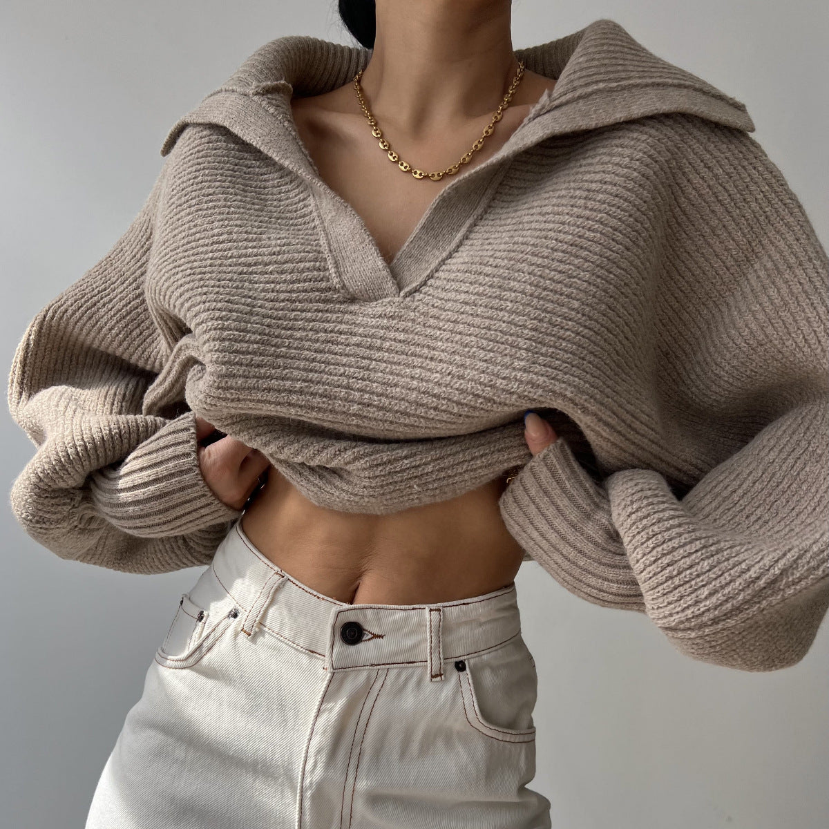 Oversized Collared V-Neck Knit Sweater Pullover