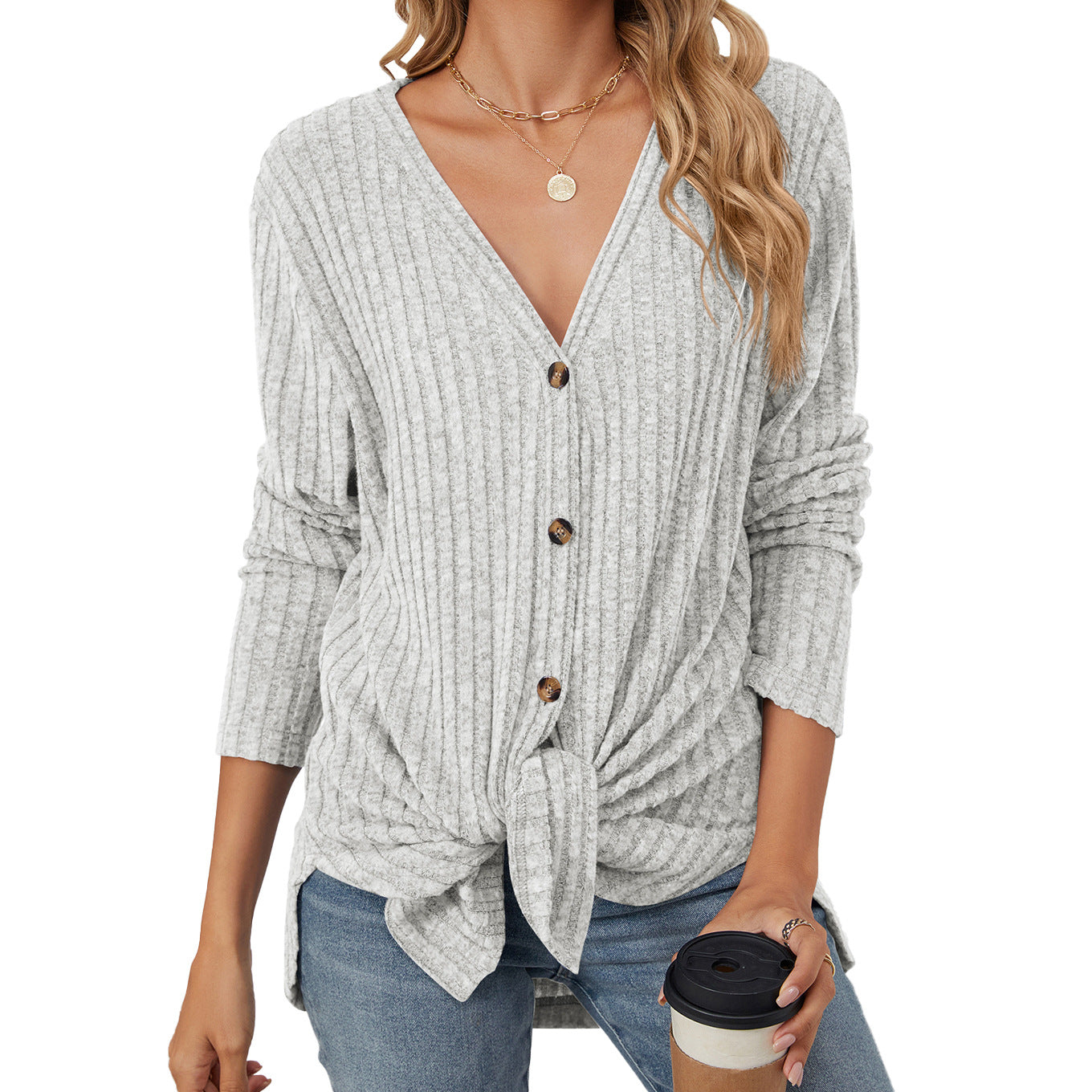 Womens V Neck Tie Front Button Up Long Sleeve Knit Cardigan