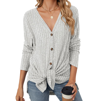 Womens V Neck Tie Front Button Up Long Sleeve Knit Cardigan
