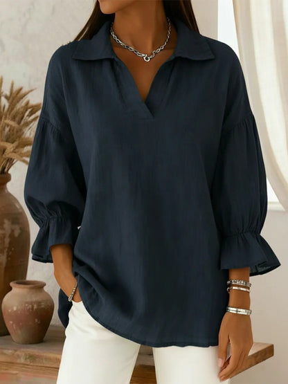 Oversized Collared V-Neck Blouse Ruffle Sleeve Casual Top
