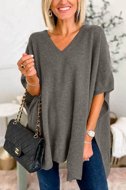 Women's Oversized V-Neck Batwing Sleeve Knit Poncho Sweater
