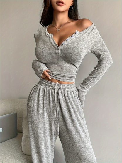 Women's 2 Piece Lounge Set Henley Crop Top Wide Leg Pants