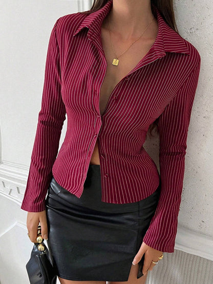 Striped V Neck Button Down Fitted Shirt Blouse for Women