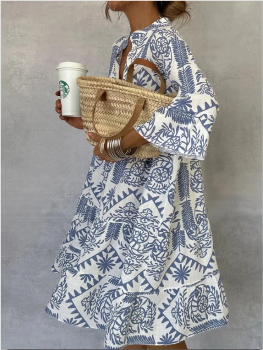 Boho Printed V-Neck Shirt Dress 3/4 Sleeve Casual Flowy