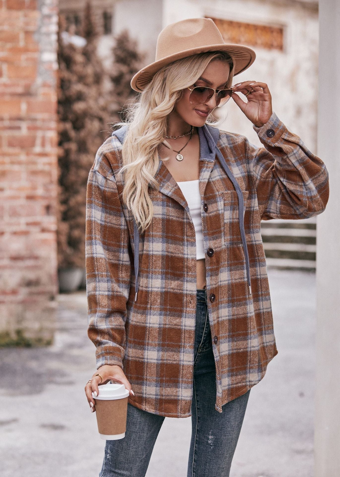 Women's Hooded Plaid Flannel Shirt Jacket - Casual Oversized