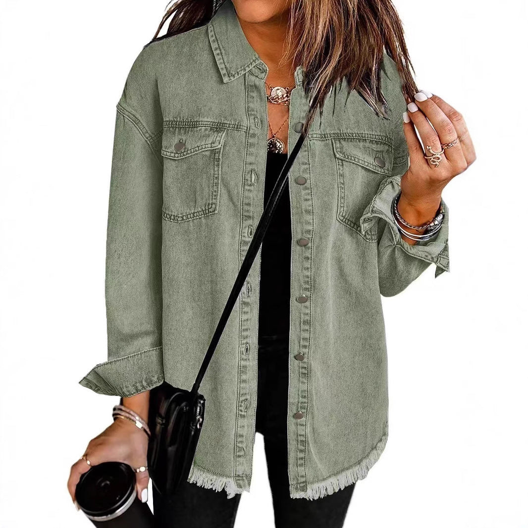 Women's Oversized Denim Shacket Frayed Hem