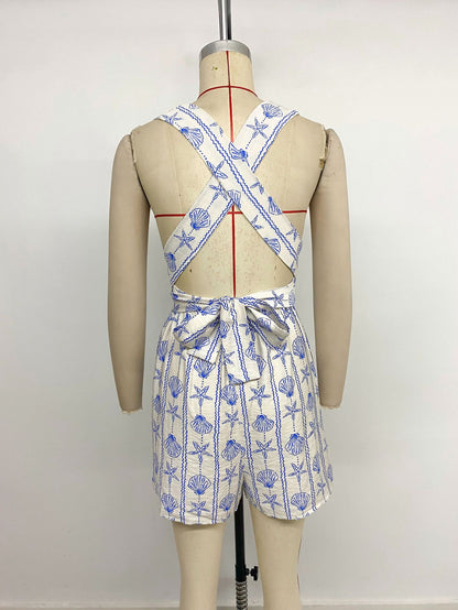 Ocean Print Halter Romper Beach Vacation Jumpsuit