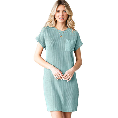 Striped Ribbed Knit Pocket T-Shirt Dress for Women
