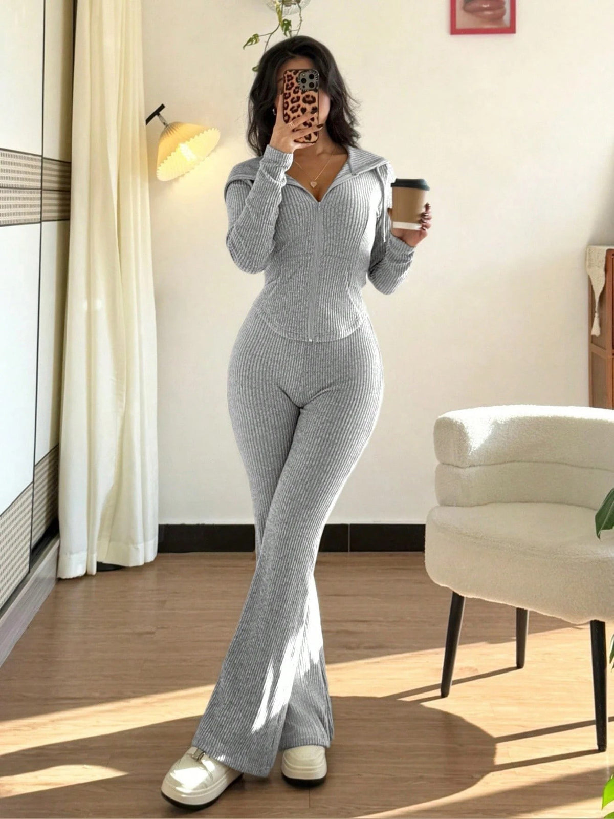 Women's Ribbed Half Zip Knit Top and Pants Matching Set
