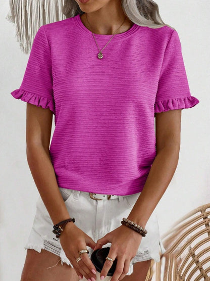 Women’s Ruffle Sleeve Textured Round Neck Casual Top