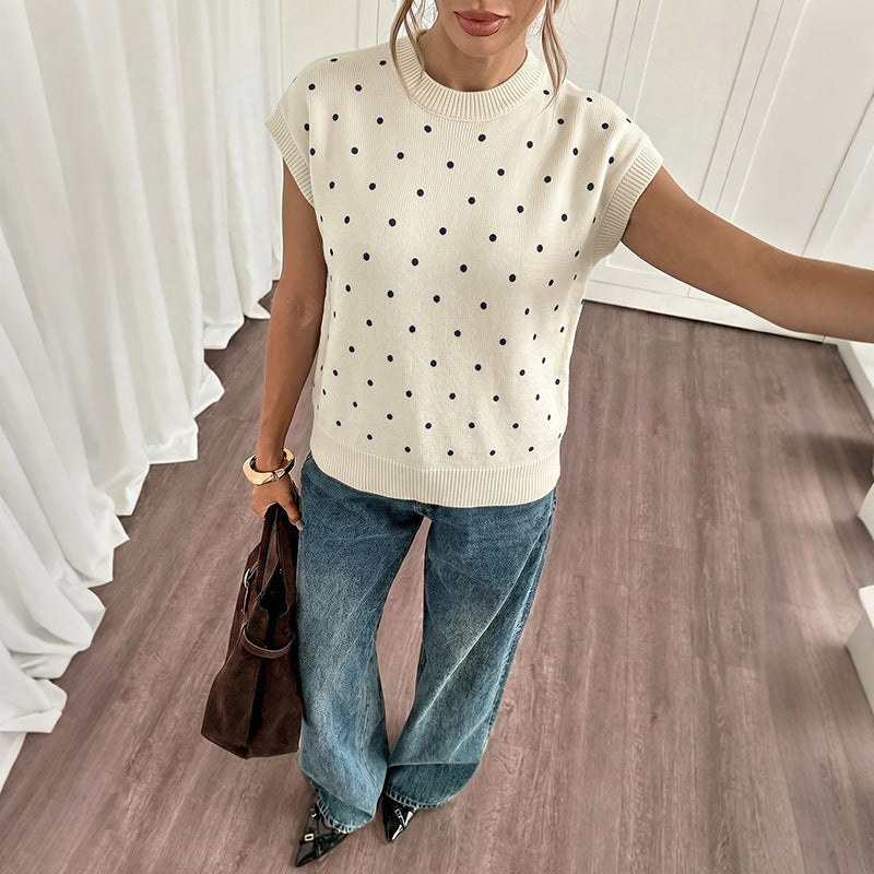 Women's Casual Polka Dot Crew Neck Short Sleeve Knit Top