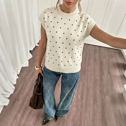 Women's Casual Polka Dot Crew Neck Short Sleeve Knit Top