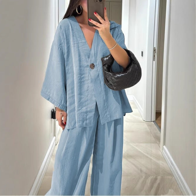 Oversized V-Neck Button Top & Wide Leg Pants Matching Set