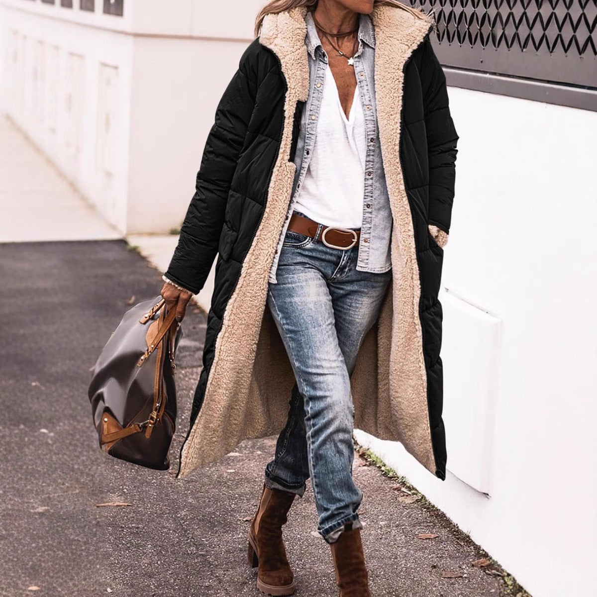 Women's Long Hooded Puffer Coat Sherpa Lined Winter