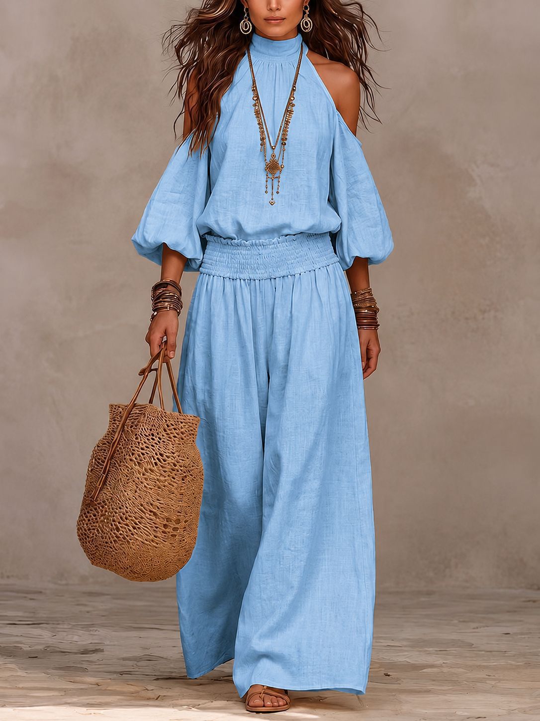 Women Cold Shoulder Smocked Top Wide Leg Pants Matching Set