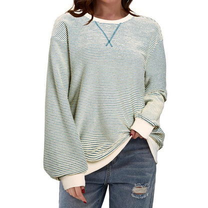 Women's Striped Oversized Color Block Long Sleeve Top