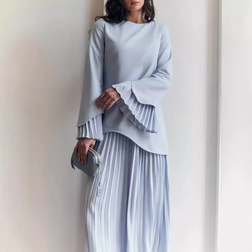 Women's Pleated Maxi Skirt Set Bell Sleeve