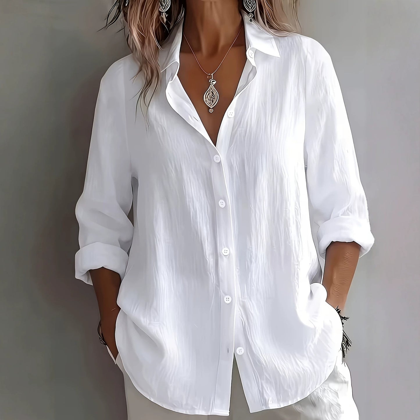 Women's Solid Button Down Shirt Long Sleeve Casual Blouse
