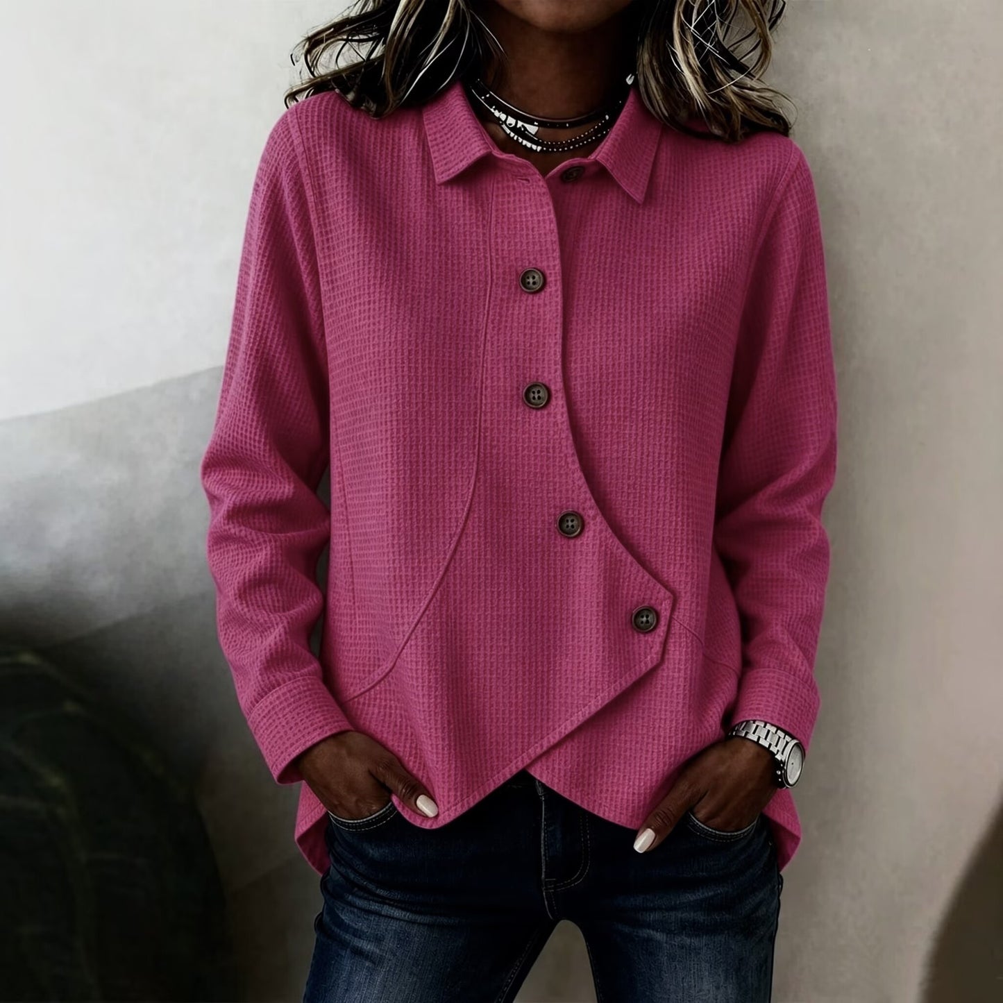Women's Waffle Knit Button Down Collared Asymmetric Top