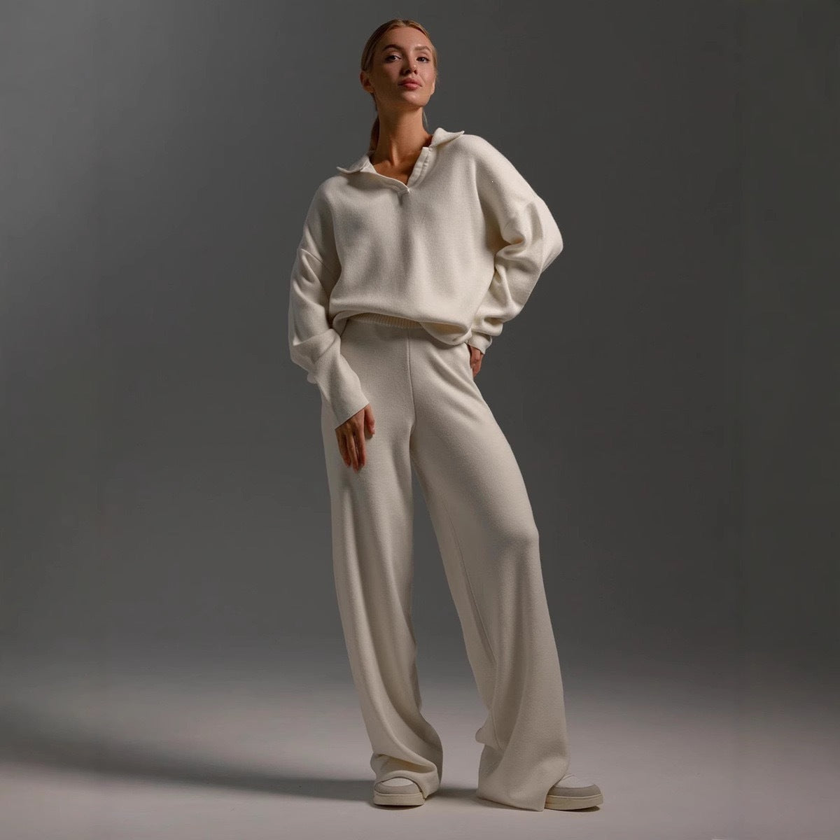 Women's Cozy Polo Top Wide Leg Pants Matching Set