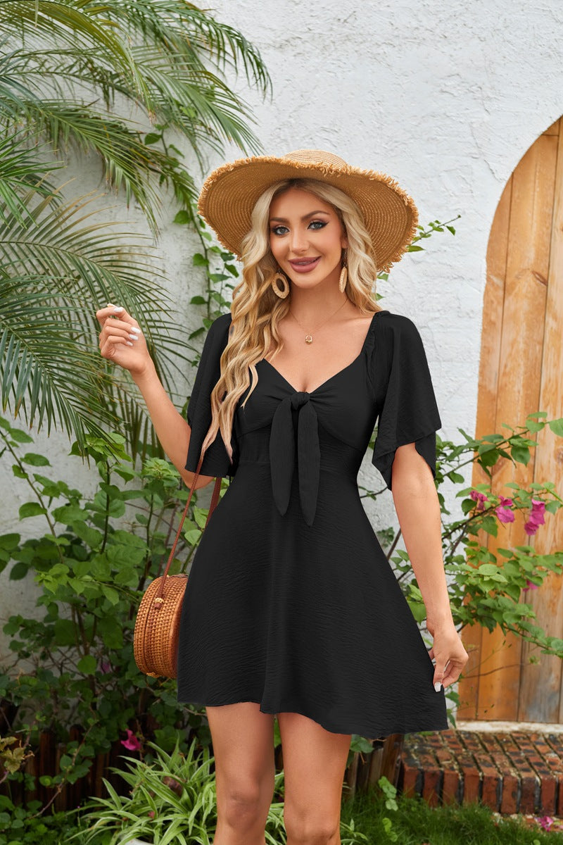 Blue V Neck Tie Front Mini Dress Summer