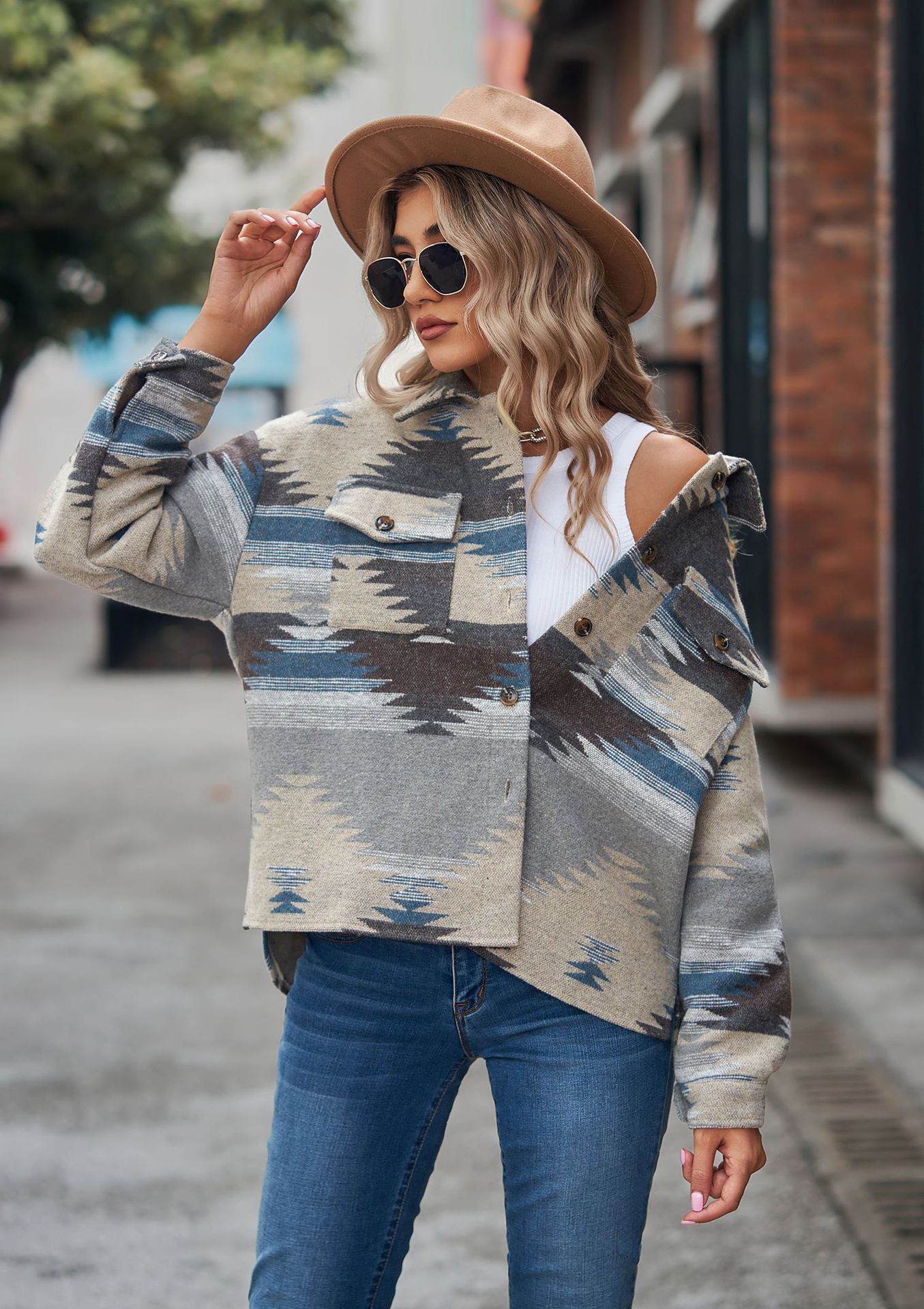 Women's Aztec Shacket Oversized Button Front Jacket