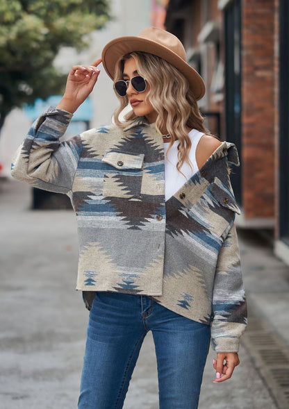 Women's Aztec Shacket Oversized Button Front Jacket