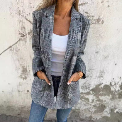 Women's Houndstooth Blazer Jacket Plaid Casual Outerwear