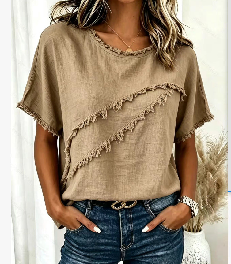 Women's Boho Fringe Linen Blend Batwing Sleeve Top