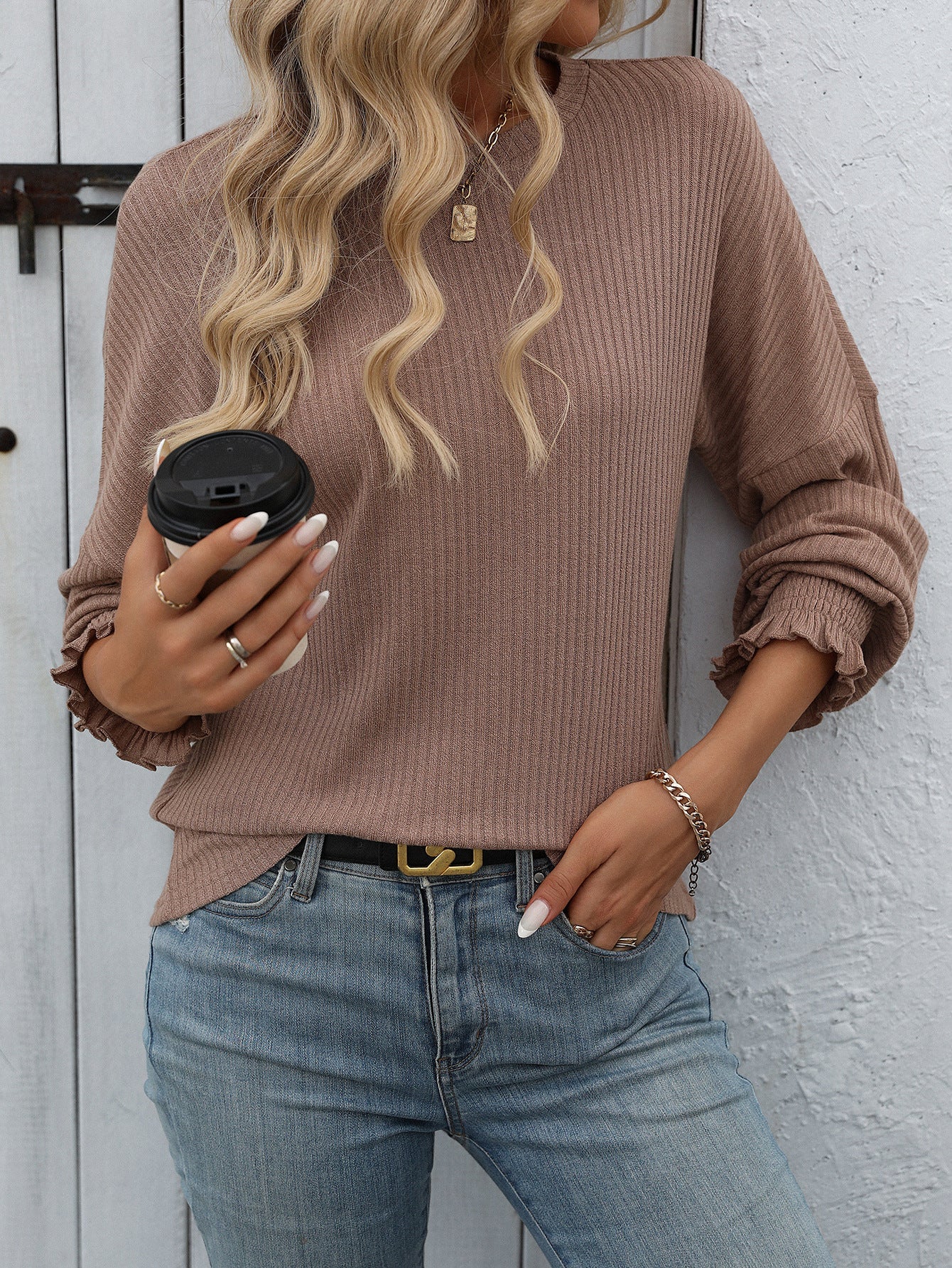 Women’s Ribbed Knit Crewneck Top with Smocked Cuffs
