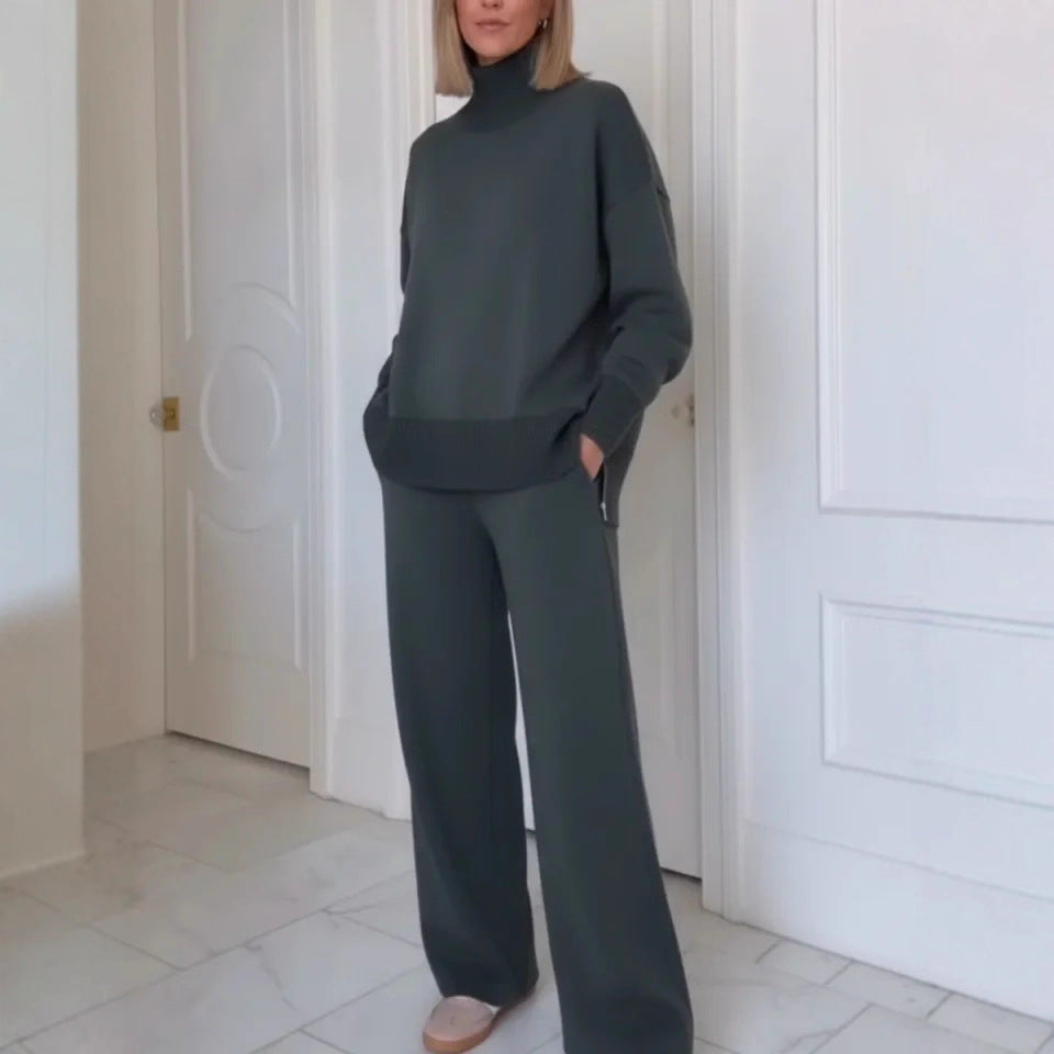 Solid Turtleneck Sweater Wide Leg Pants Lounge Set