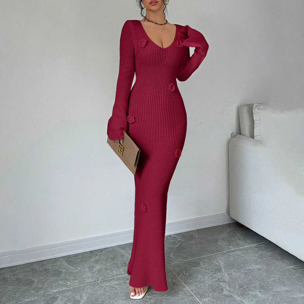 Sexy V Neck Ribbed Knit Bodycon Maxi Dress 3D Floral