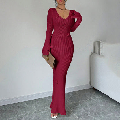 Sexy V Neck Ribbed Knit Bodycon Maxi Dress 3D Floral