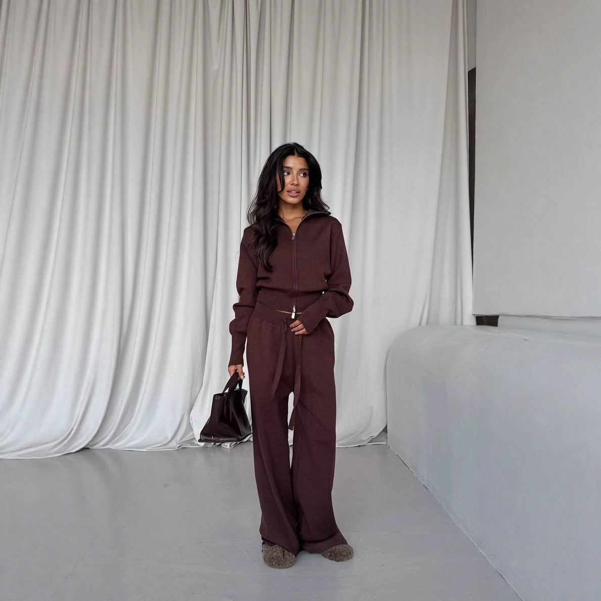 Women's Knit Zip Up Sweater & Pants Matching Set