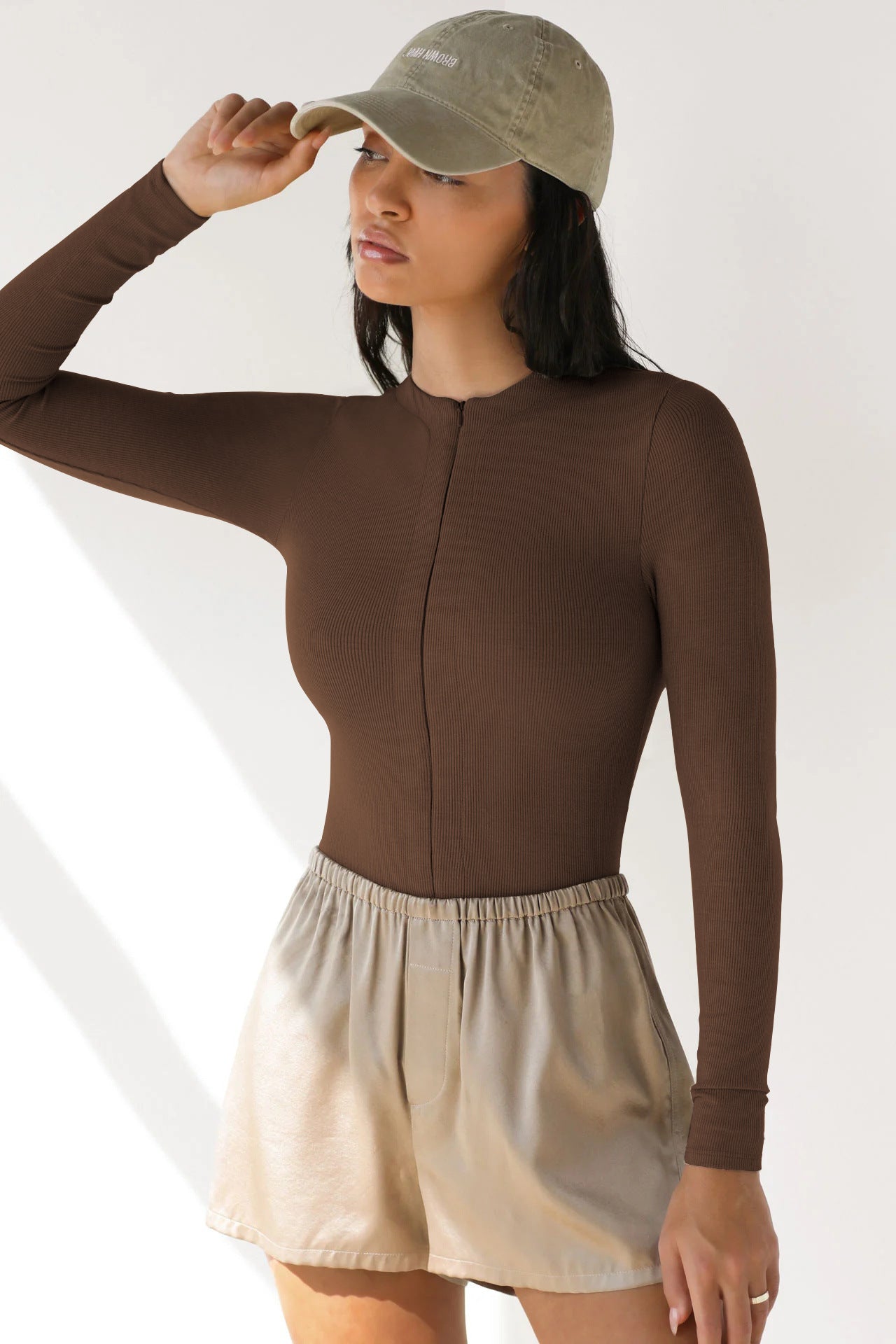 Zipper Knit Jumpsuit Versatile Tight Fit 3-Point Pants