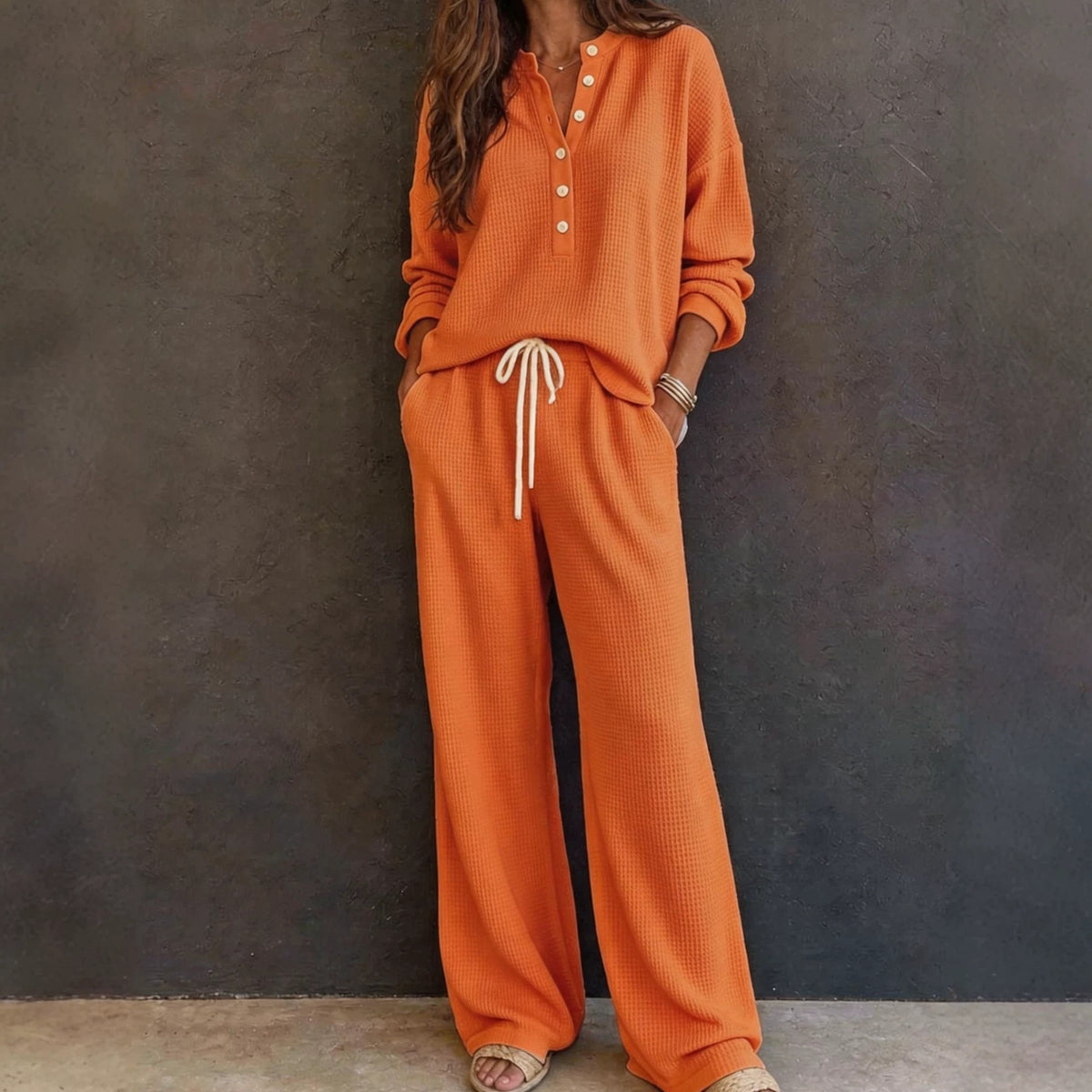 Waffle Knit Lounge Set Women Two Piece Wide Leg Pants