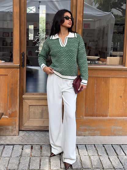 Contrast Polo Collar Abstract Knit Pullover Sweater