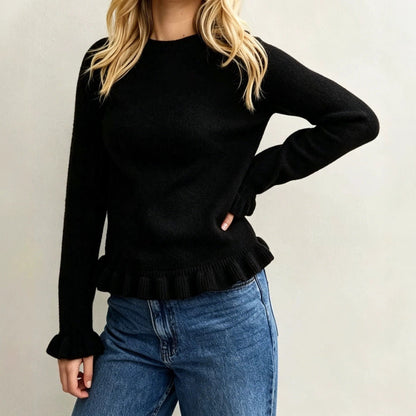 Ruffle Hem Knit Sweater Crew Neck Long Sleeve Top