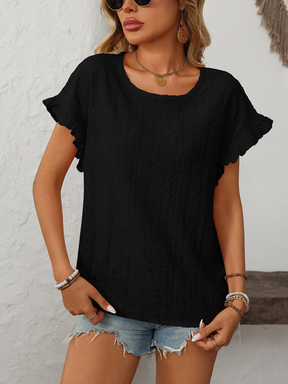 Women’s Eyelet Knit Crewneck Ruffle Sleeve Summer Top