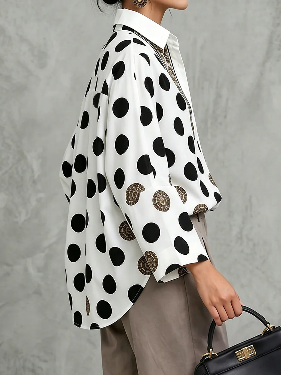 Polka Dot Collared Blouse Long Sleeve Loose Fit