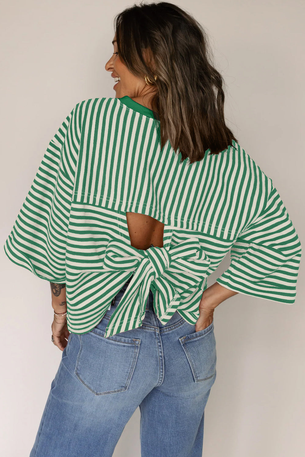 Blue Striped Knit Back Bow Open Back Top Women