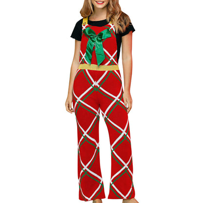Red Plaid Bow Tie Christmas Jumpsuit for Women