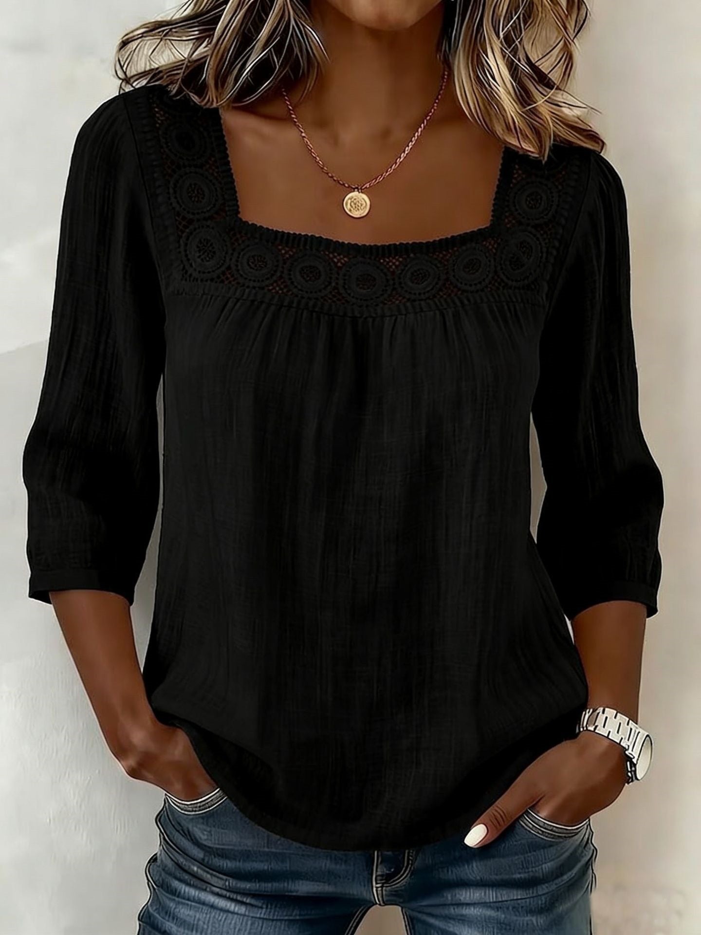 Women's Square Neck Eyelet Lace 3/4 Sleeve Summer Blouse