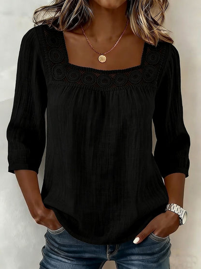 Women's Square Neck Eyelet Lace 3/4 Sleeve Summer Blouse