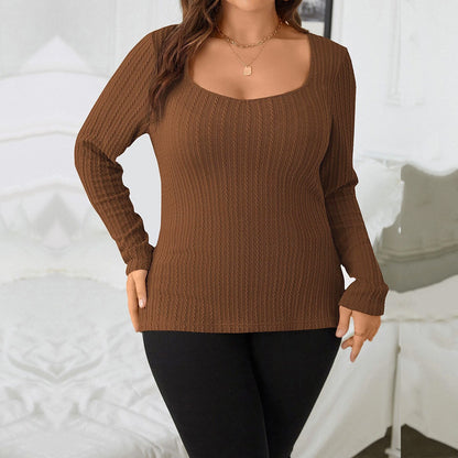 Slim and skinny waffle collar knit long sleeve t-shirt