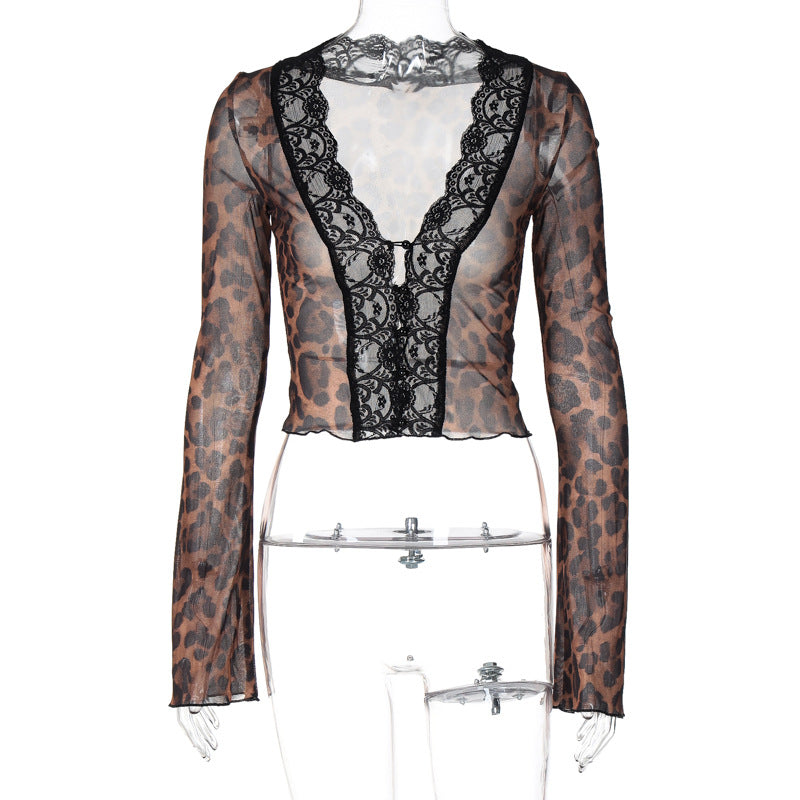 Sexy Leopard Mesh Lace Trim Cardigan Top