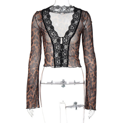 Sexy Leopard Mesh Lace Trim Cardigan Top
